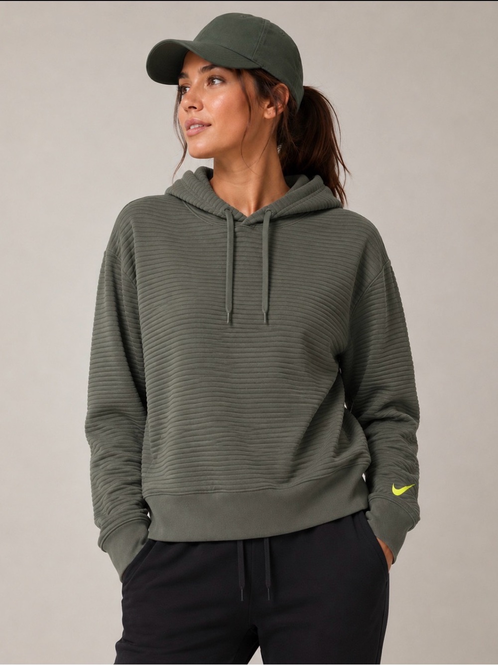 Nike Dri-FIT Ribbed Pullover Hoodie Green Neon Swoosh Small